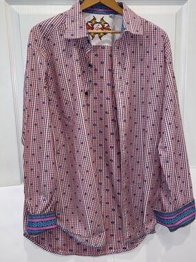 Robert Graham Flip Cuff, Red/Blue Gingham Plaid Button Up Mens Shirt. Sz XL